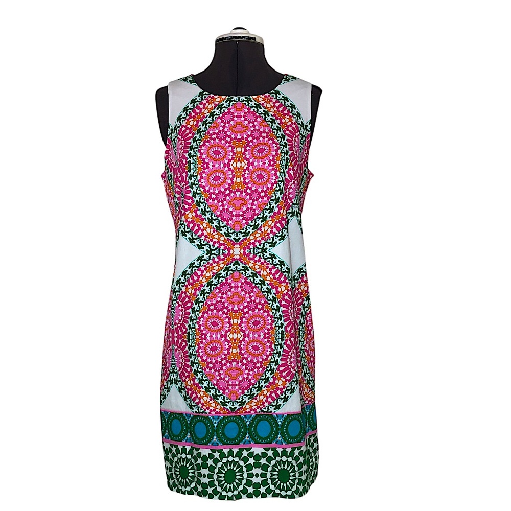 London Times Stretchy Cotton Vibrant Medallion Print Shift Sleeveless Dress 12